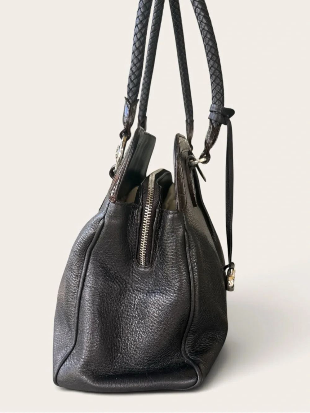 Brighton Black Pebbled Leather Satchel | Croc Embossed Trim | Heart Charm